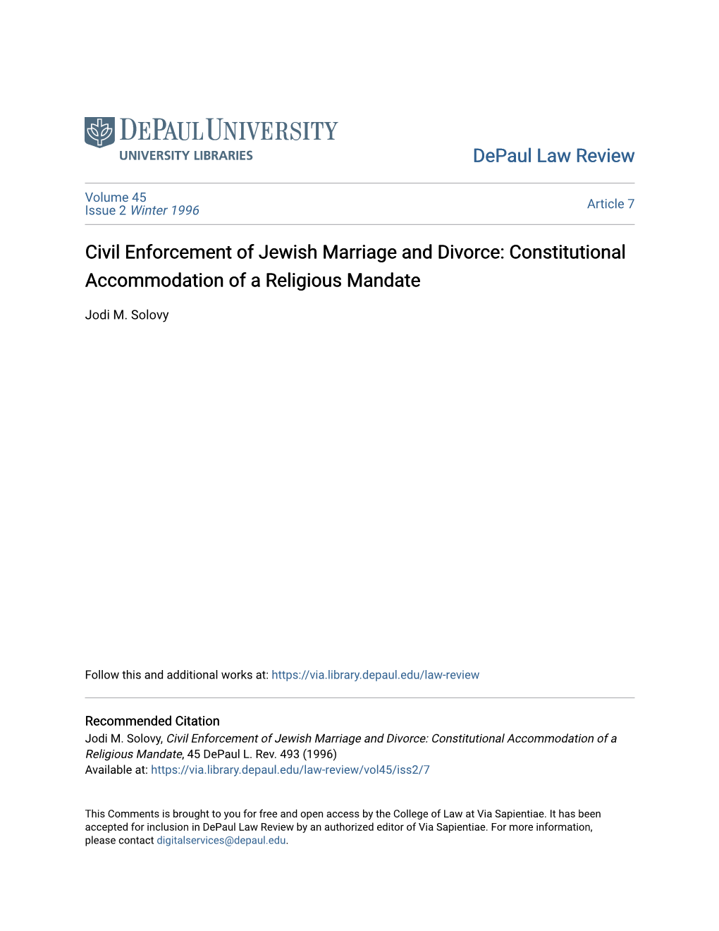 Civil Enforcement of Jewish Marriage and Divorce: Constitutional Accommodation of a Religious Mandate