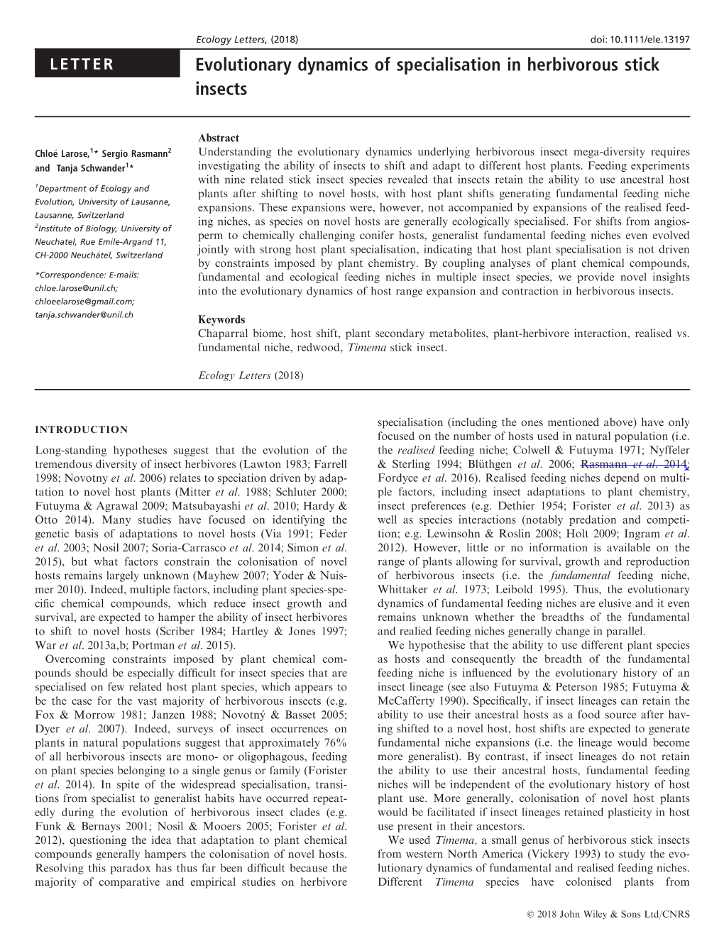 Evolutionary Dynamics of Specialisation in Herbivorous Stick Insects