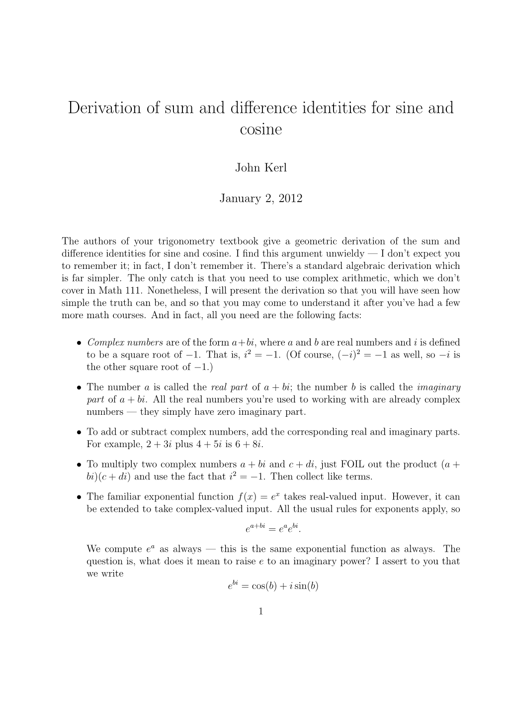 Derivation of Sum and Difference Identities for Sine and Cosine