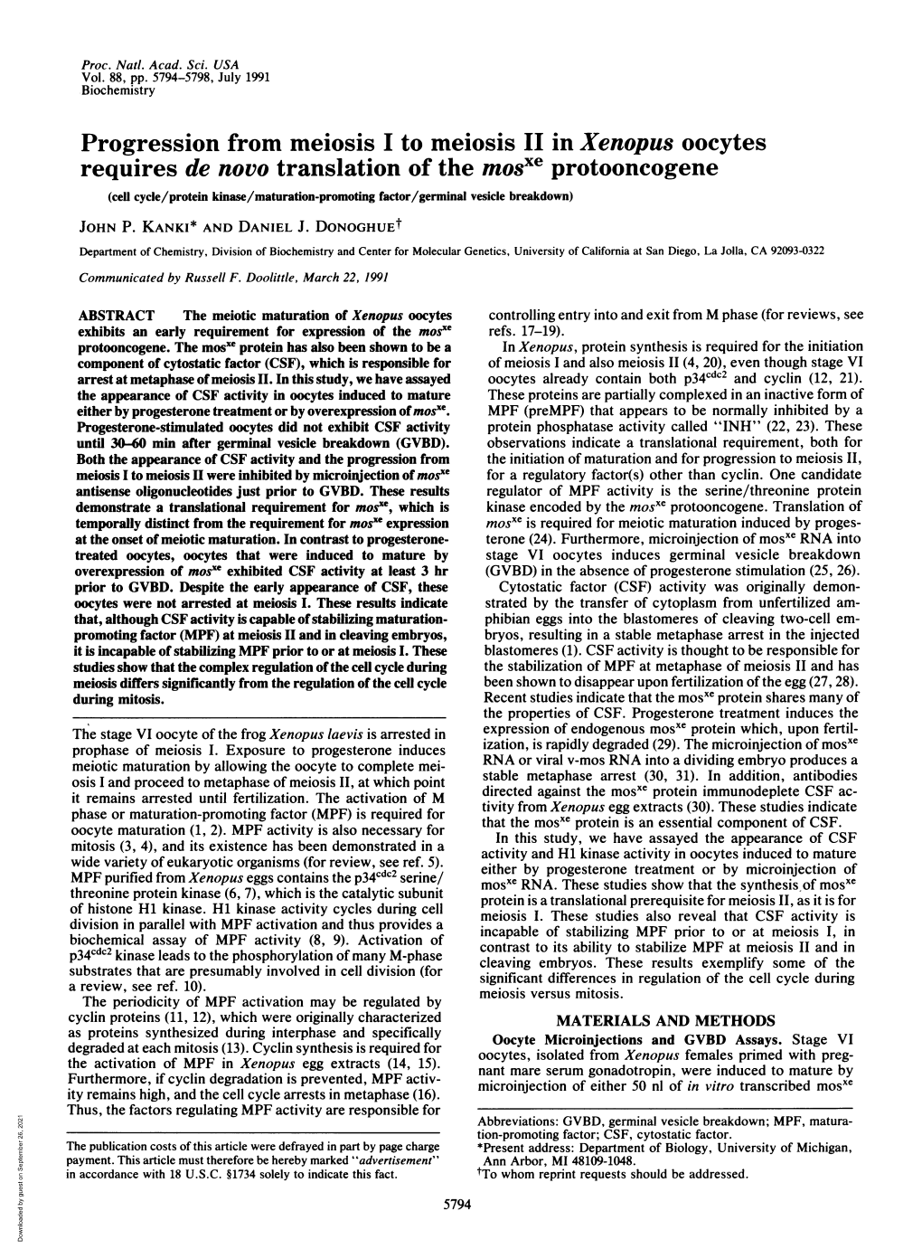 Progression from Meiosis I to Meiosis II in Xenopus Oocytes Requires De