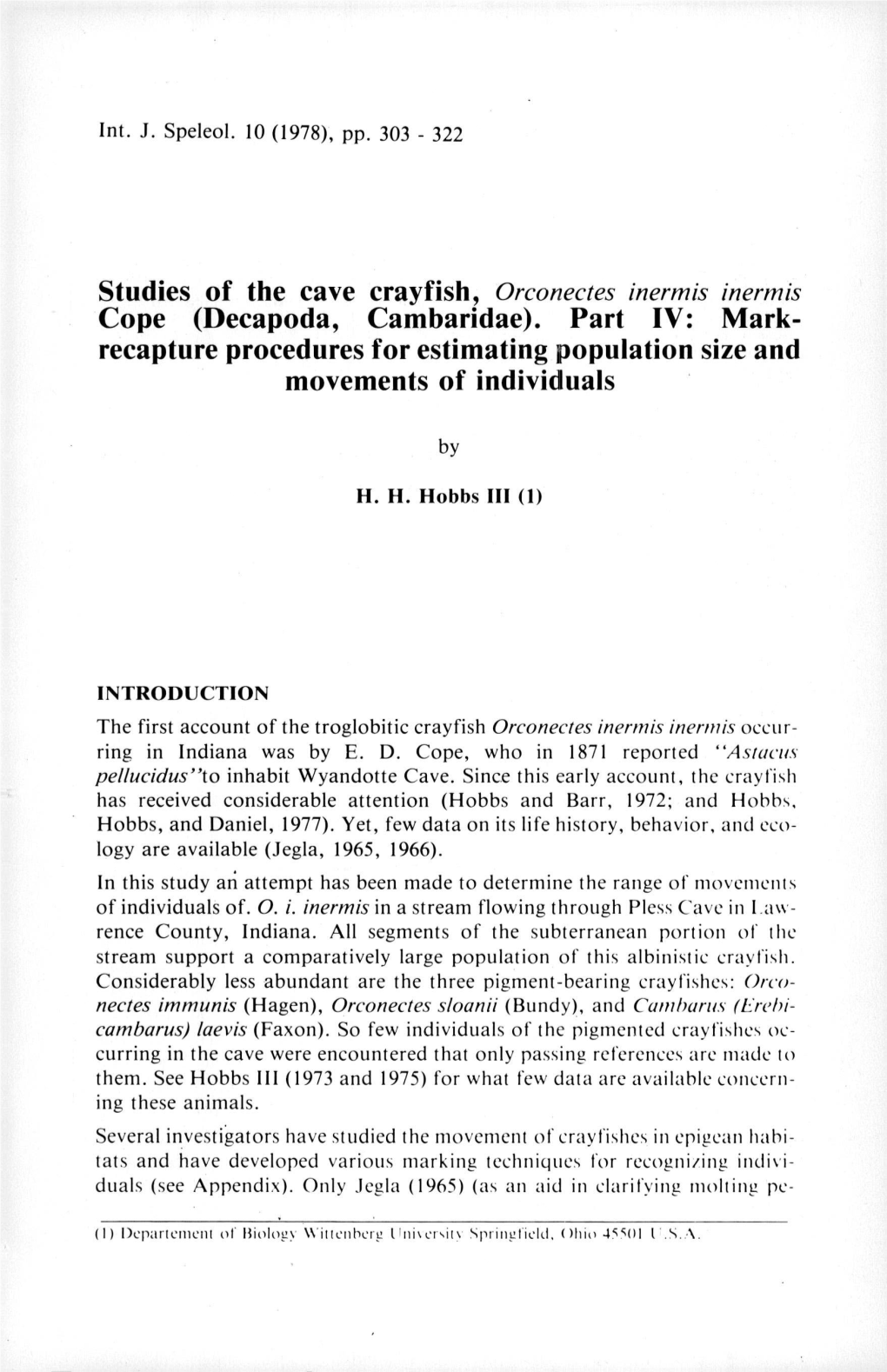 Studies of the Cave Crayfish, Orconectes Inermis Inermis Cope (Decapoda, Cambaridae)