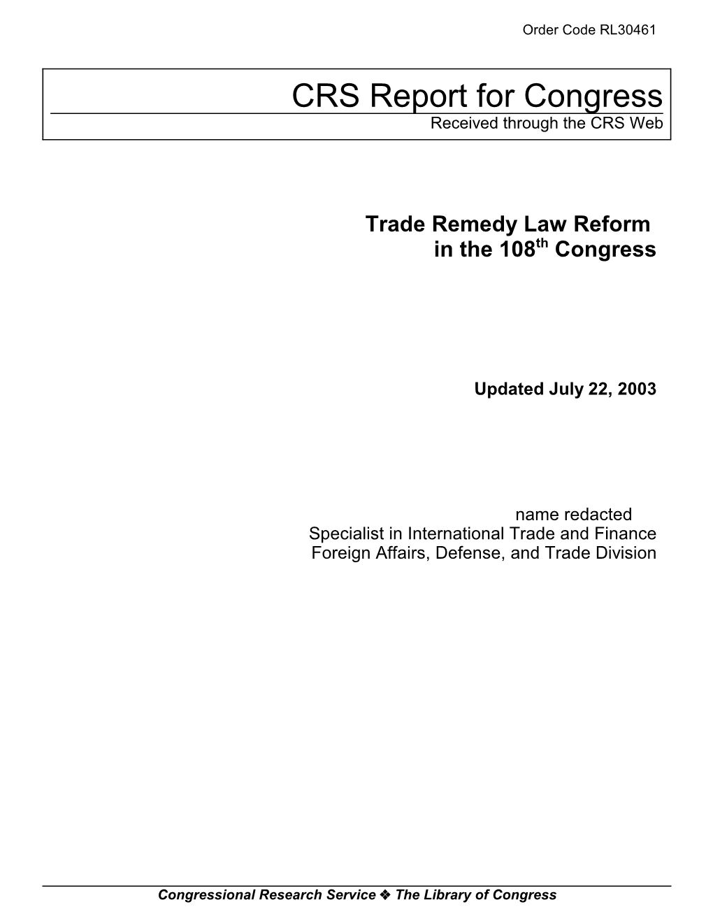 Trade Remedy Law Reform in the 108Th Congress