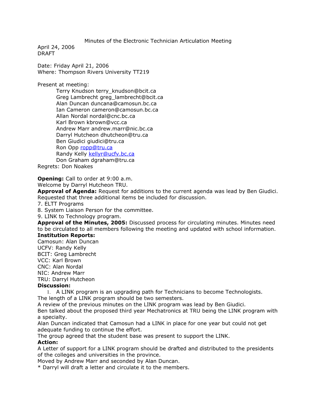 Minutes of the Electronic Technician Articulation Meeting