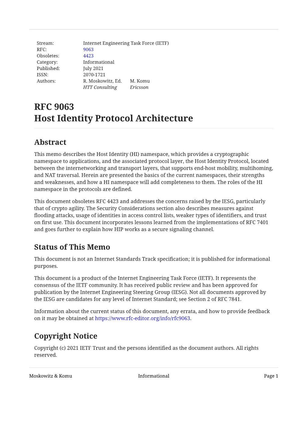 RFC 9063: Host Identity Protocol Architecture