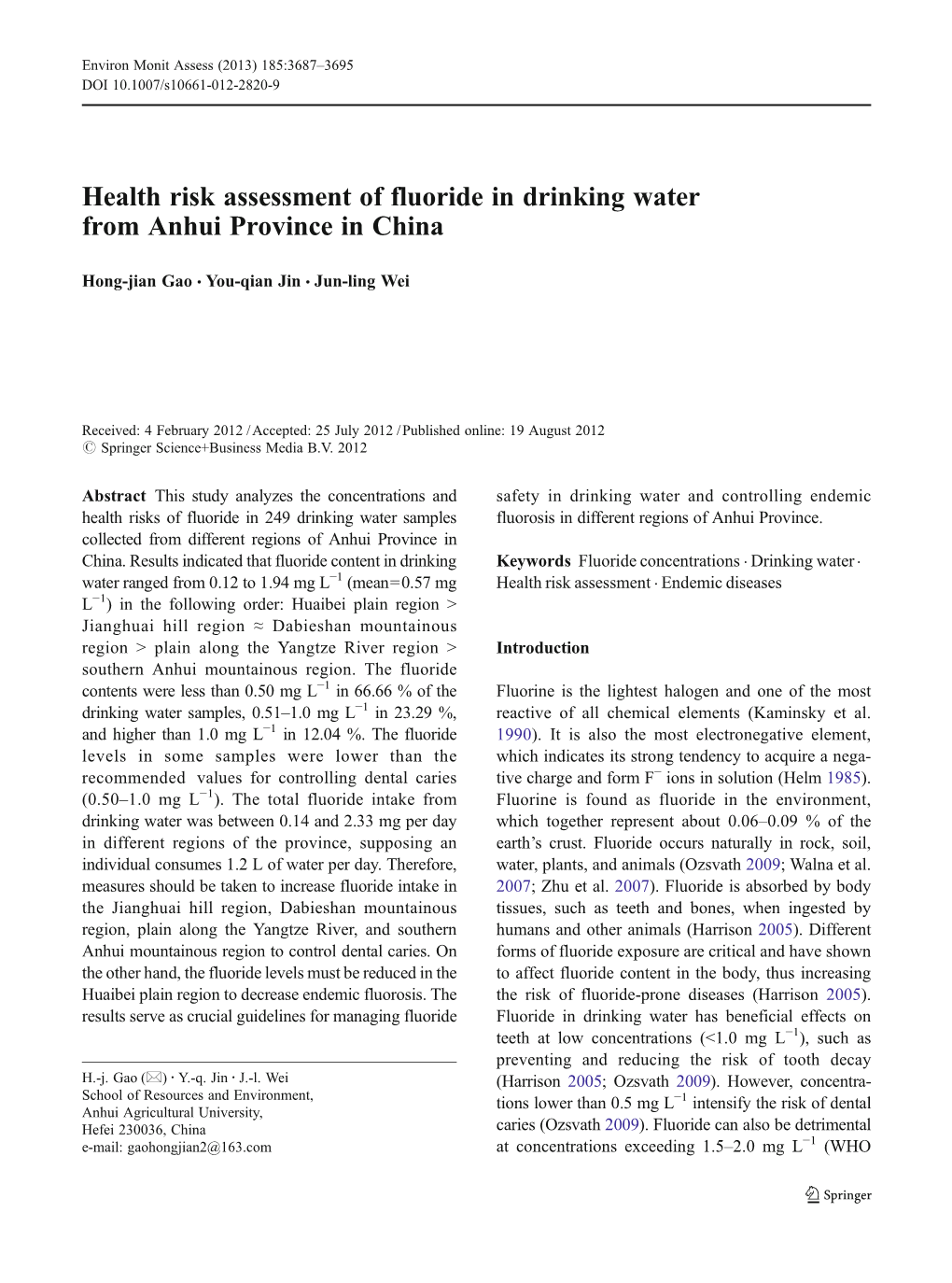 Health Risk Assessment of Fluoride in Drinking Water from Anhui Province in China