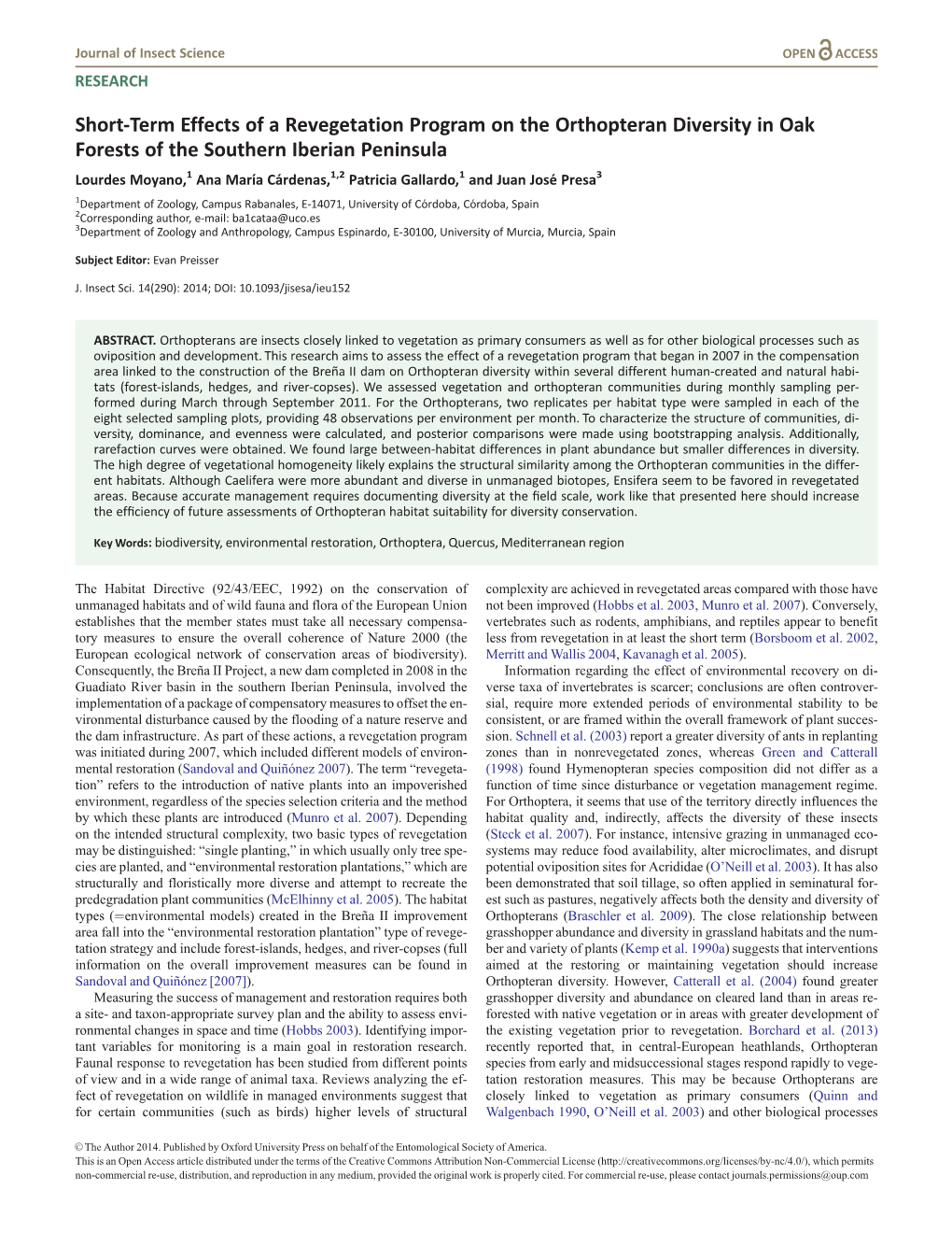 Short-Term Effects of a Revegetation Program on the Orthopteran