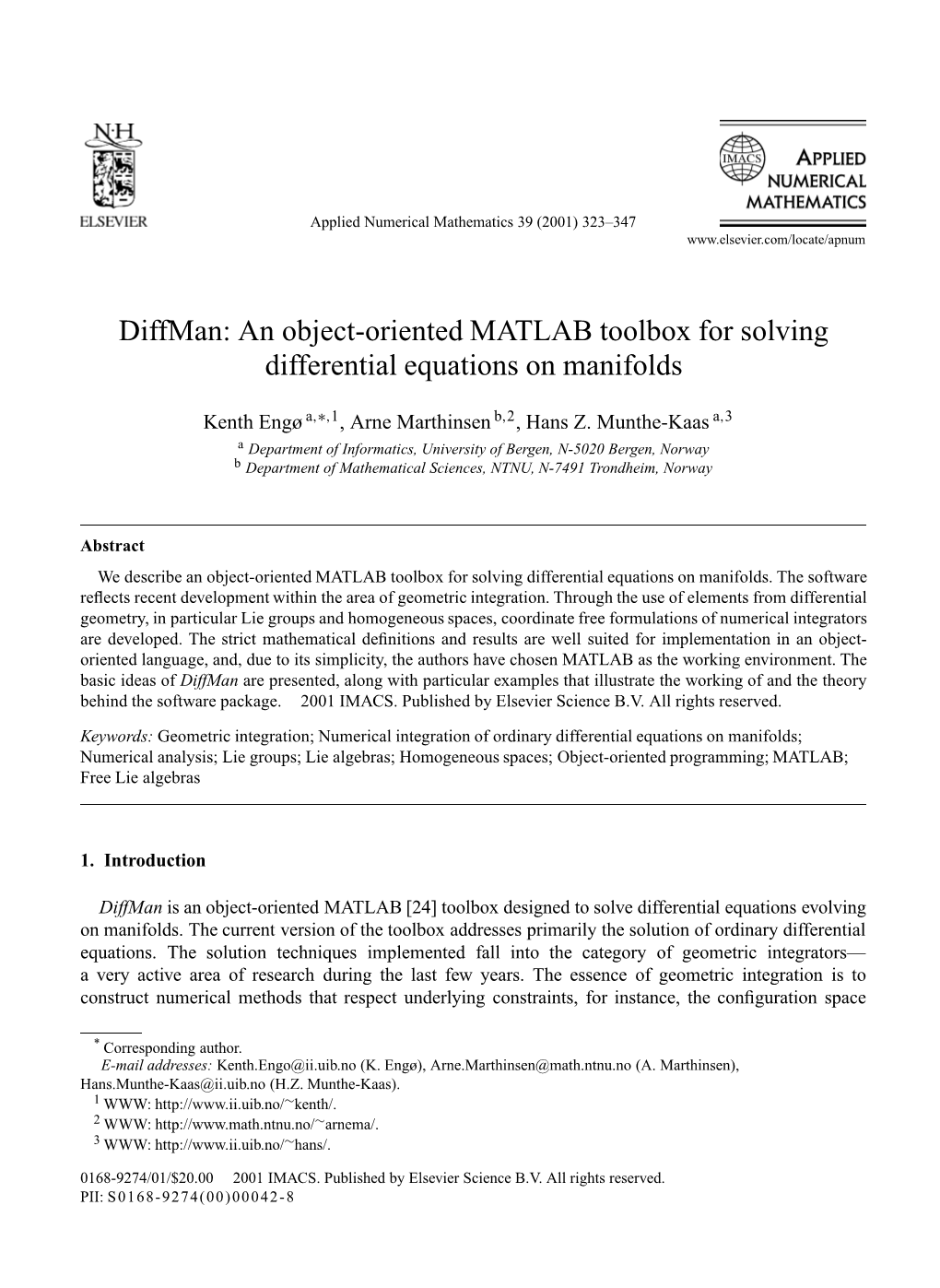 Diffman: an Object-Oriented MATLAB Toolbox for Solving Differential Equations on Manifolds