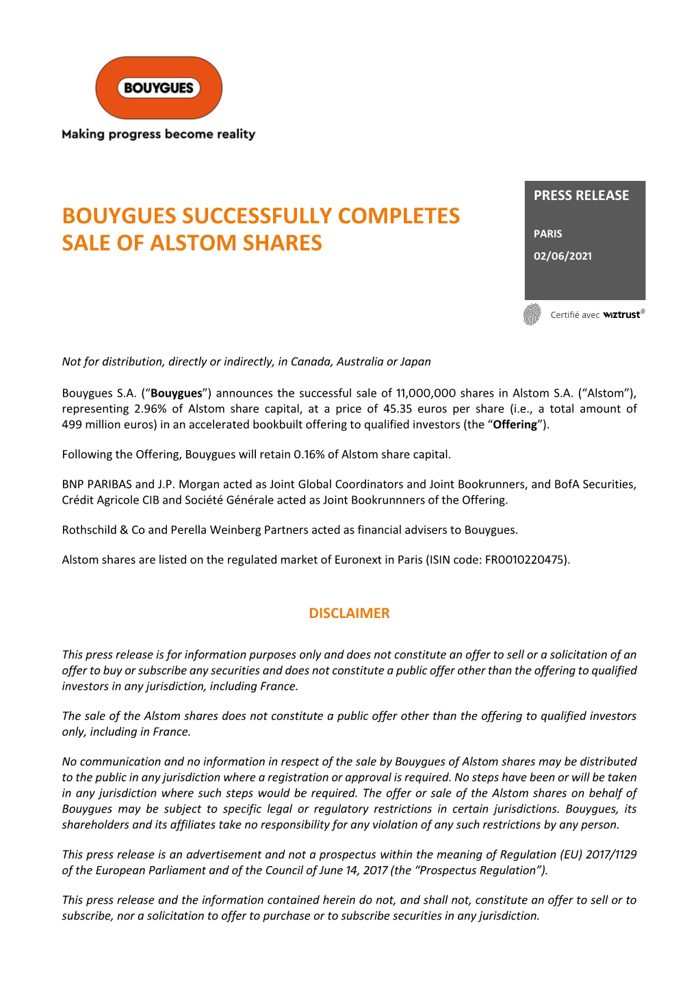 PR Successful Sale of Alstom Shares by Bouygues