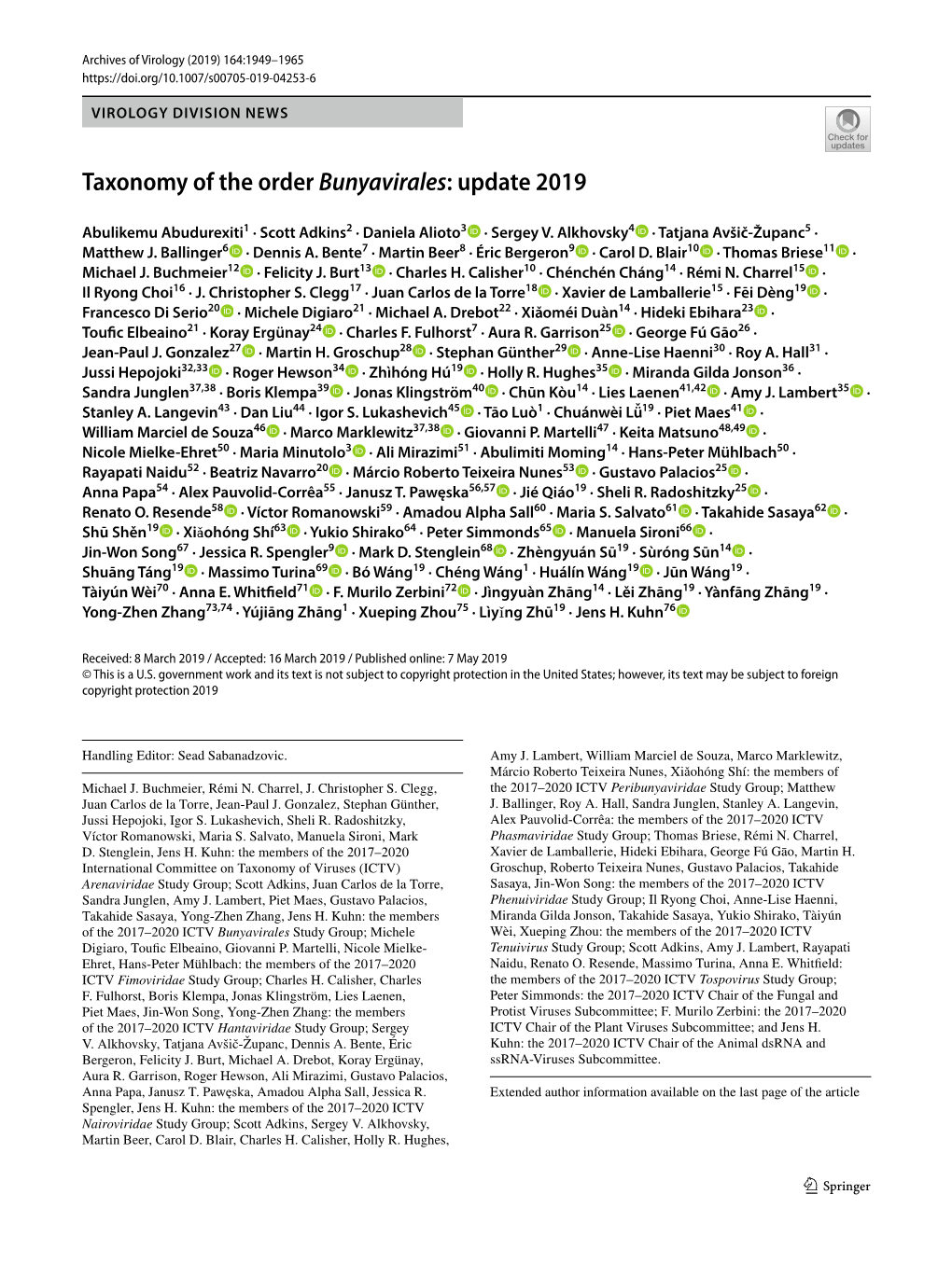 Taxonomy of the Order Bunyavirales: Update 2019