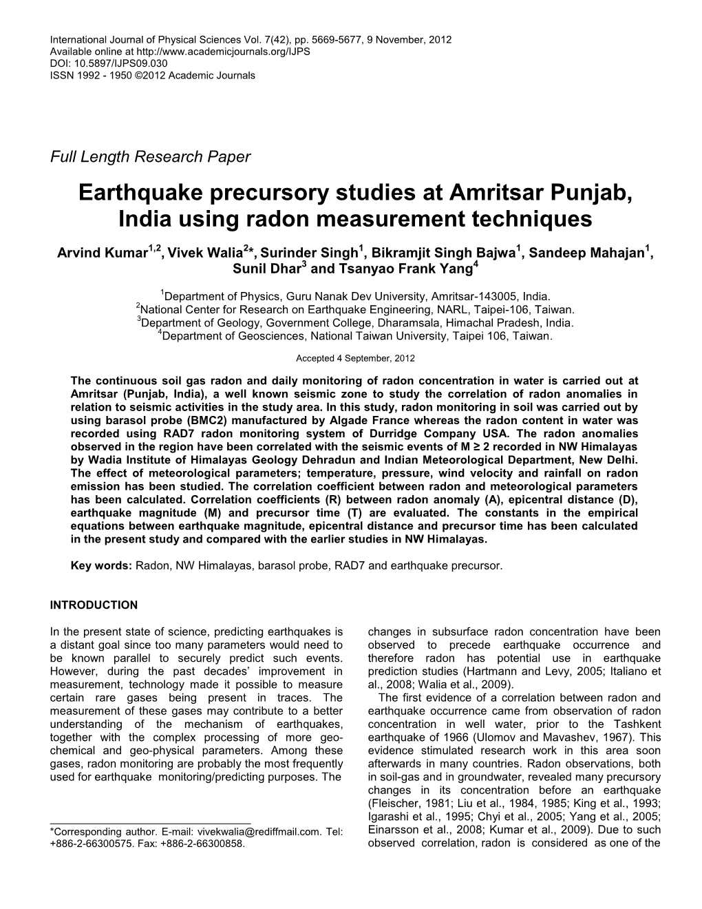 Earthquake Precursory Studies at Amritsar Punjab, India Using Radon Measurement Techniques
