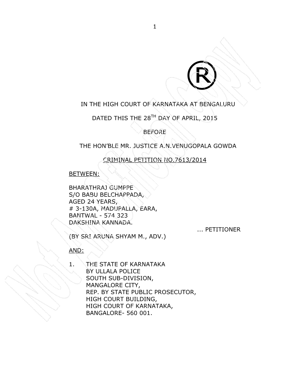 1 in the High Court of Karnataka at Bengaluru