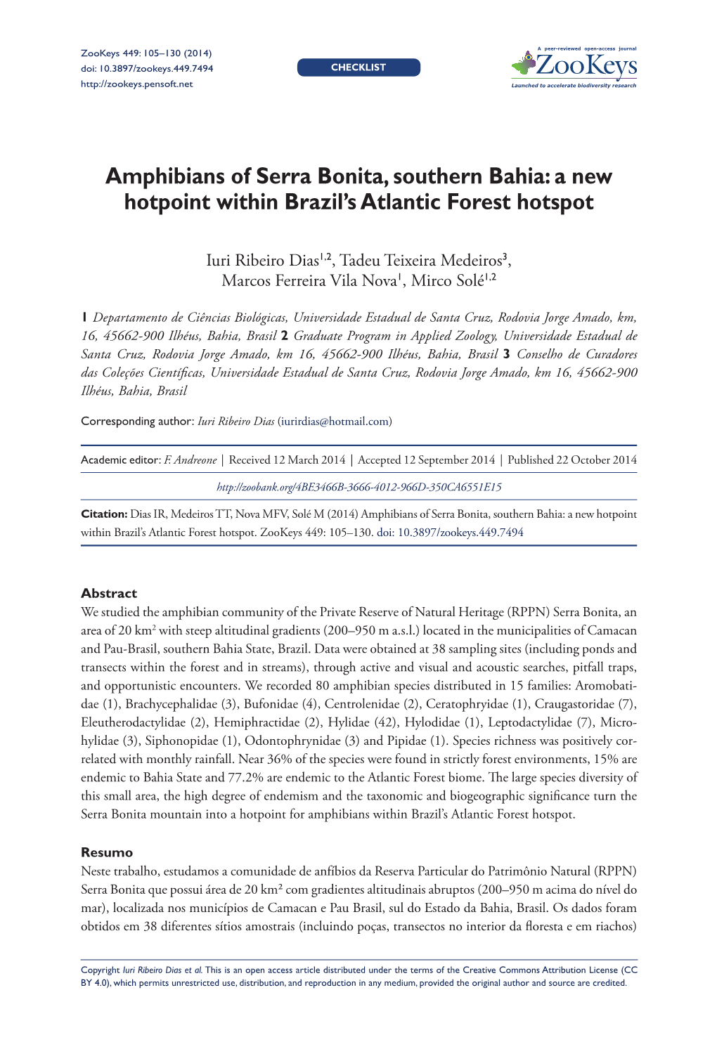 Amphibians of Serra Bonita, Southern Bahia: a New Hotpoint