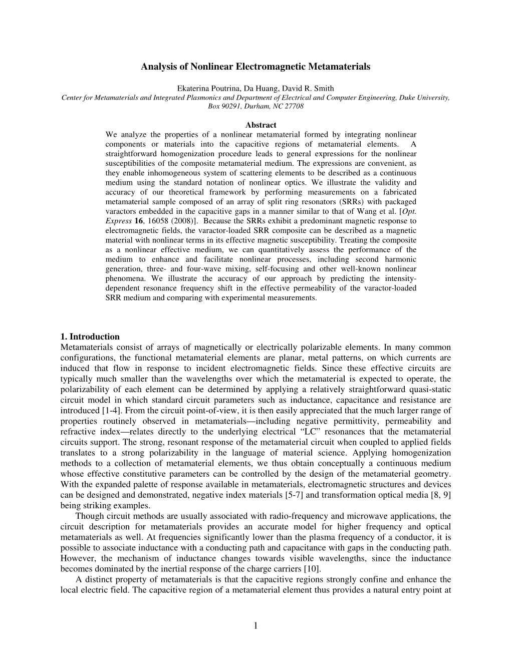 1 Analysis of Nonlinear Electromagnetic Metamaterials