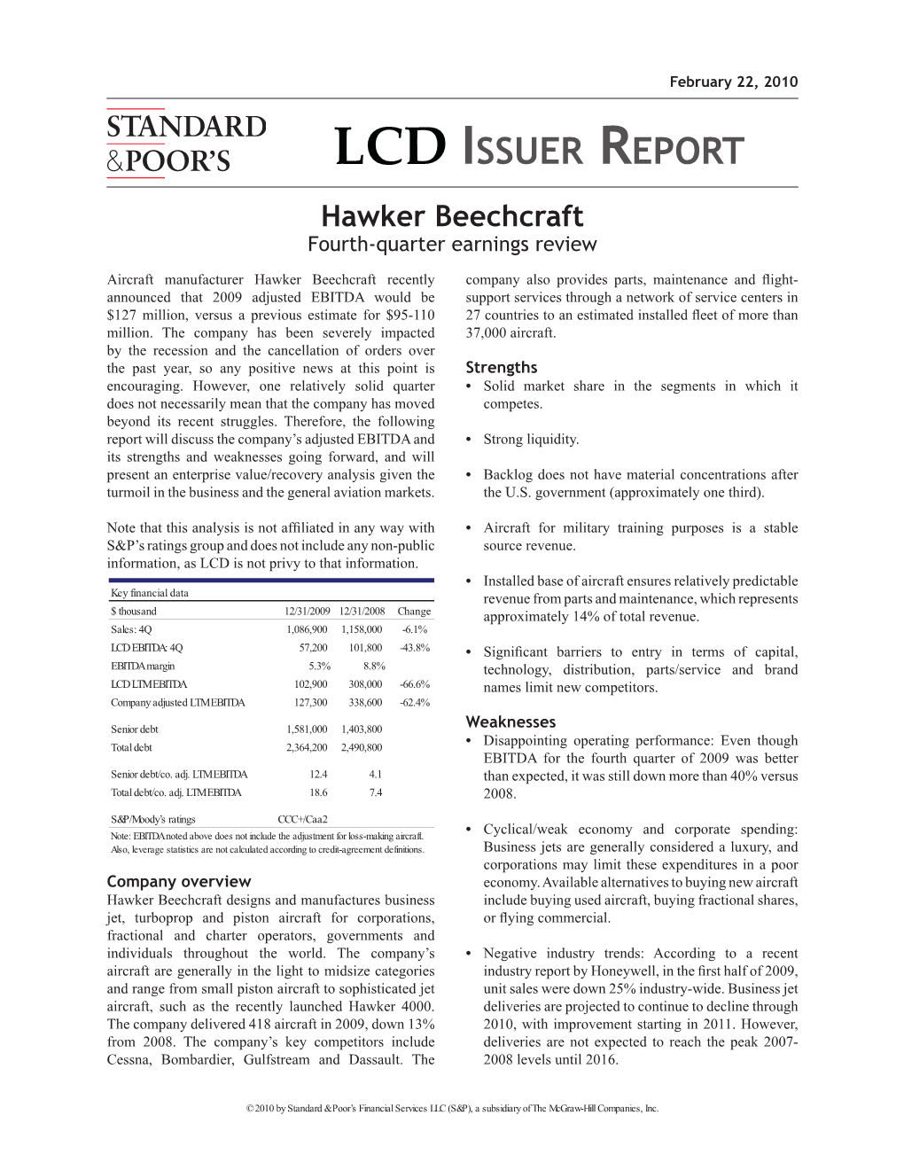 LCD ISSUER REPORT Hawker Beechcraft Fourth-Quarter Earnings Review