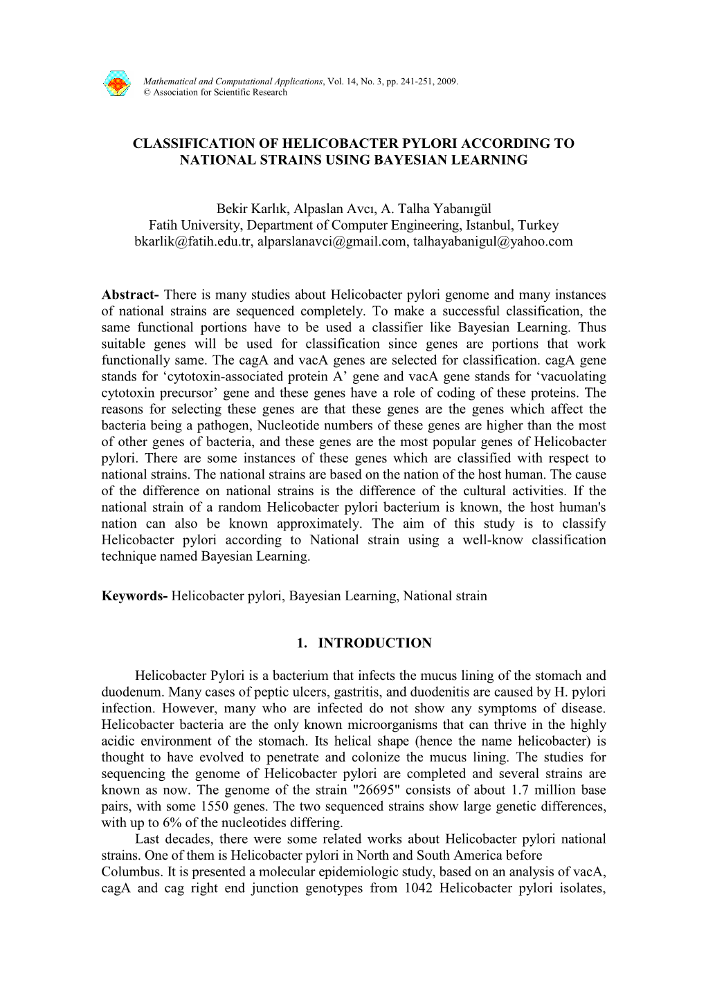 Classification of Helicobacter Pylori According to National Strains Using Bayesian Learning