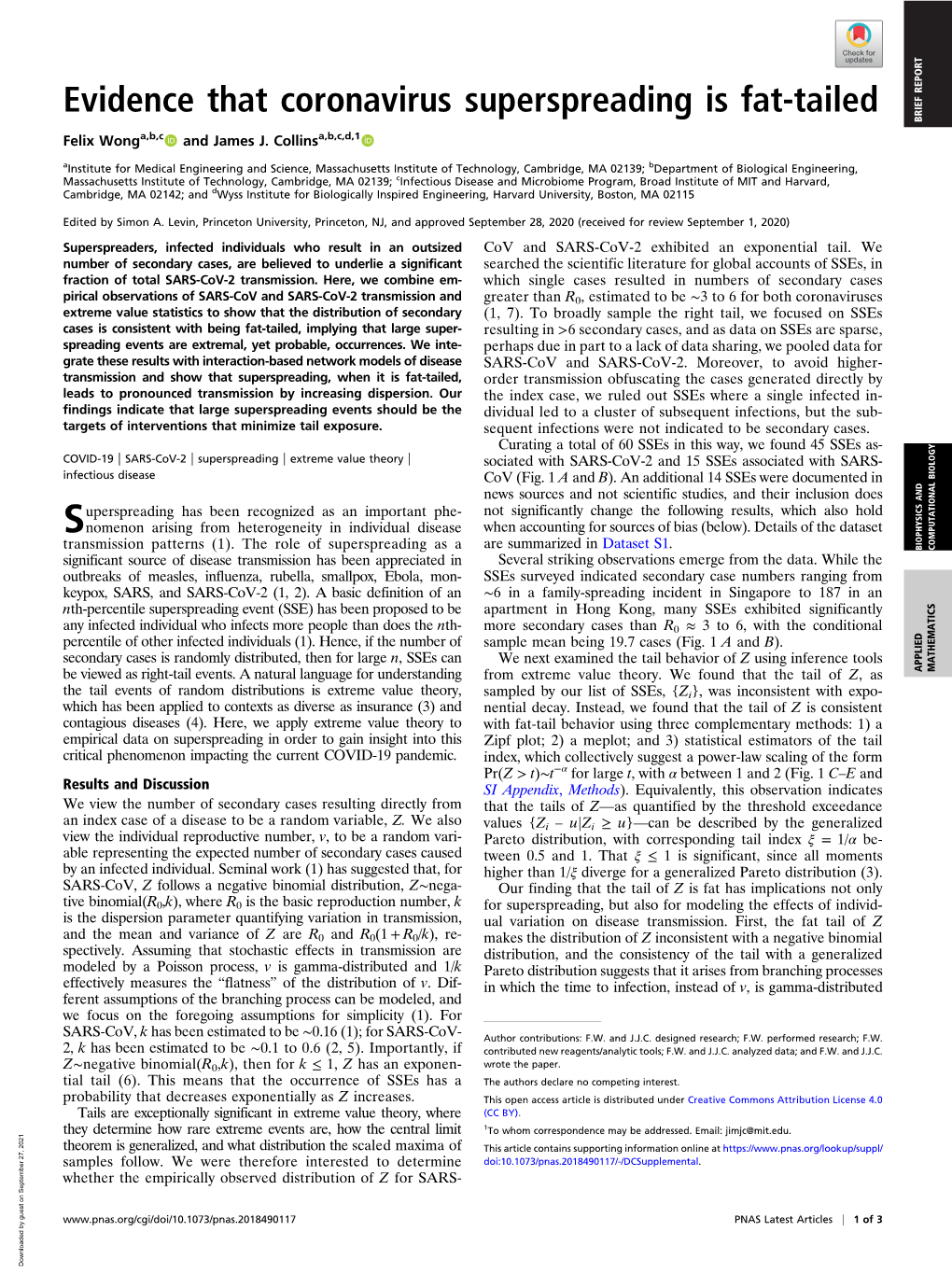 Evidence That Coronavirus Superspreading Is Fat-Tailed BRIEF REPORT Felix Wonga,B,C and James J