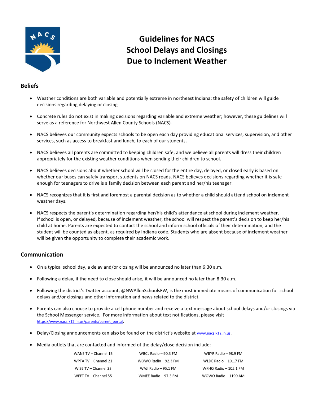 Guidelines for NACS School Delays and Closings Due to Inclement Weather