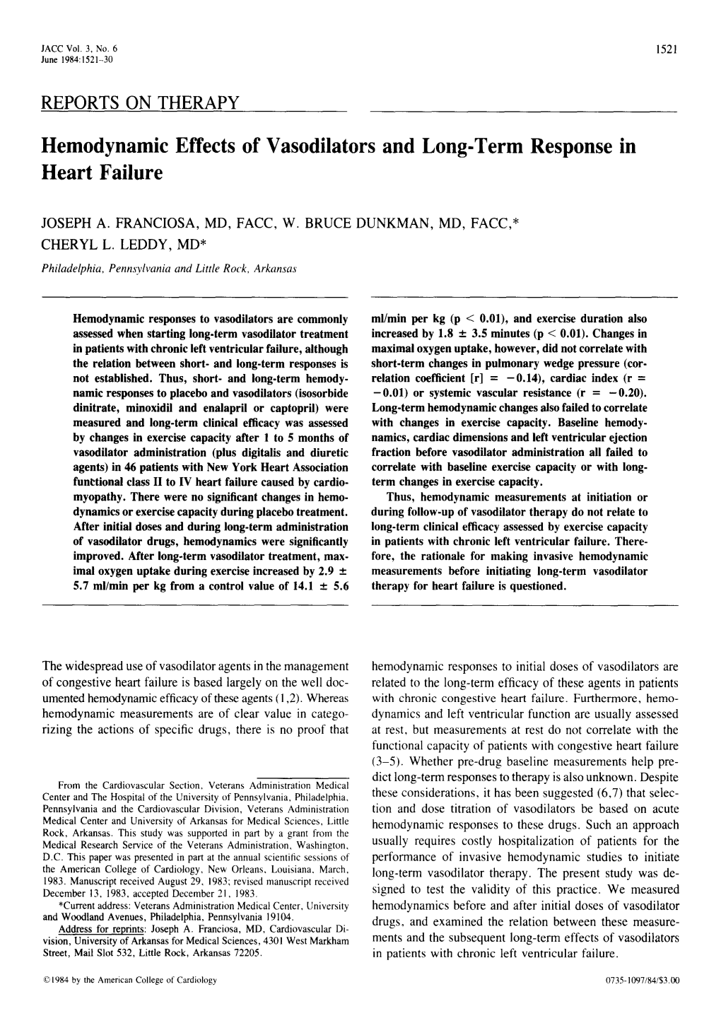 Hemodynamic Effects of Vasodilators and Long-Term Response in Heart Failure