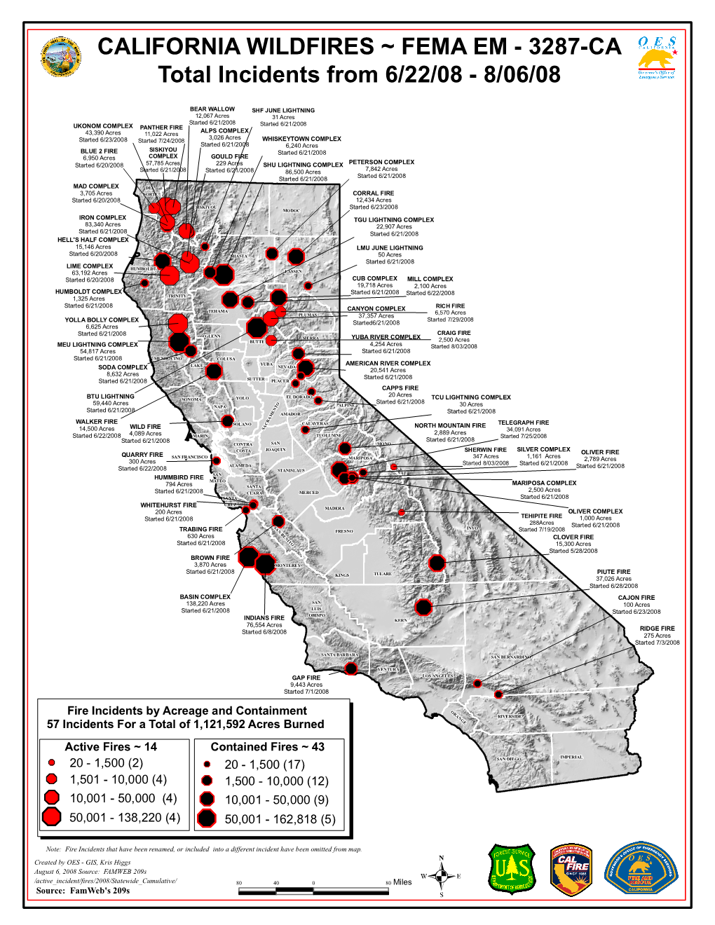 CALIFORNIA WILDFIRES ~ FEMA EM - 3287-CA Total Incidents from 6/22/08 - 8/06/08