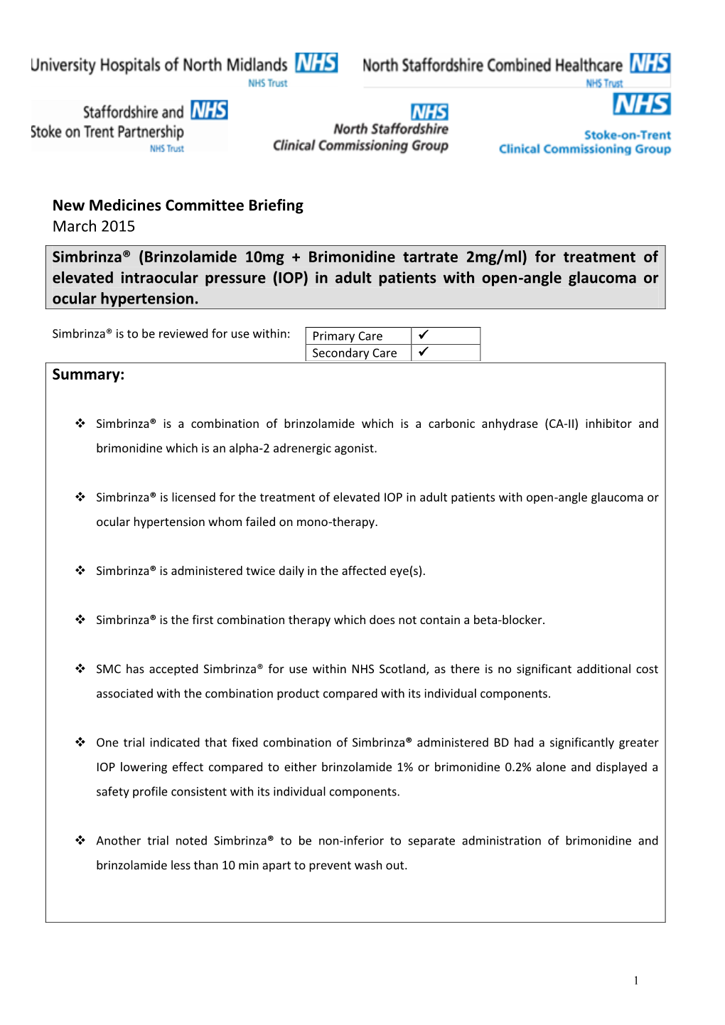 New Medicines Committee Briefing March 2015 Simbrinza