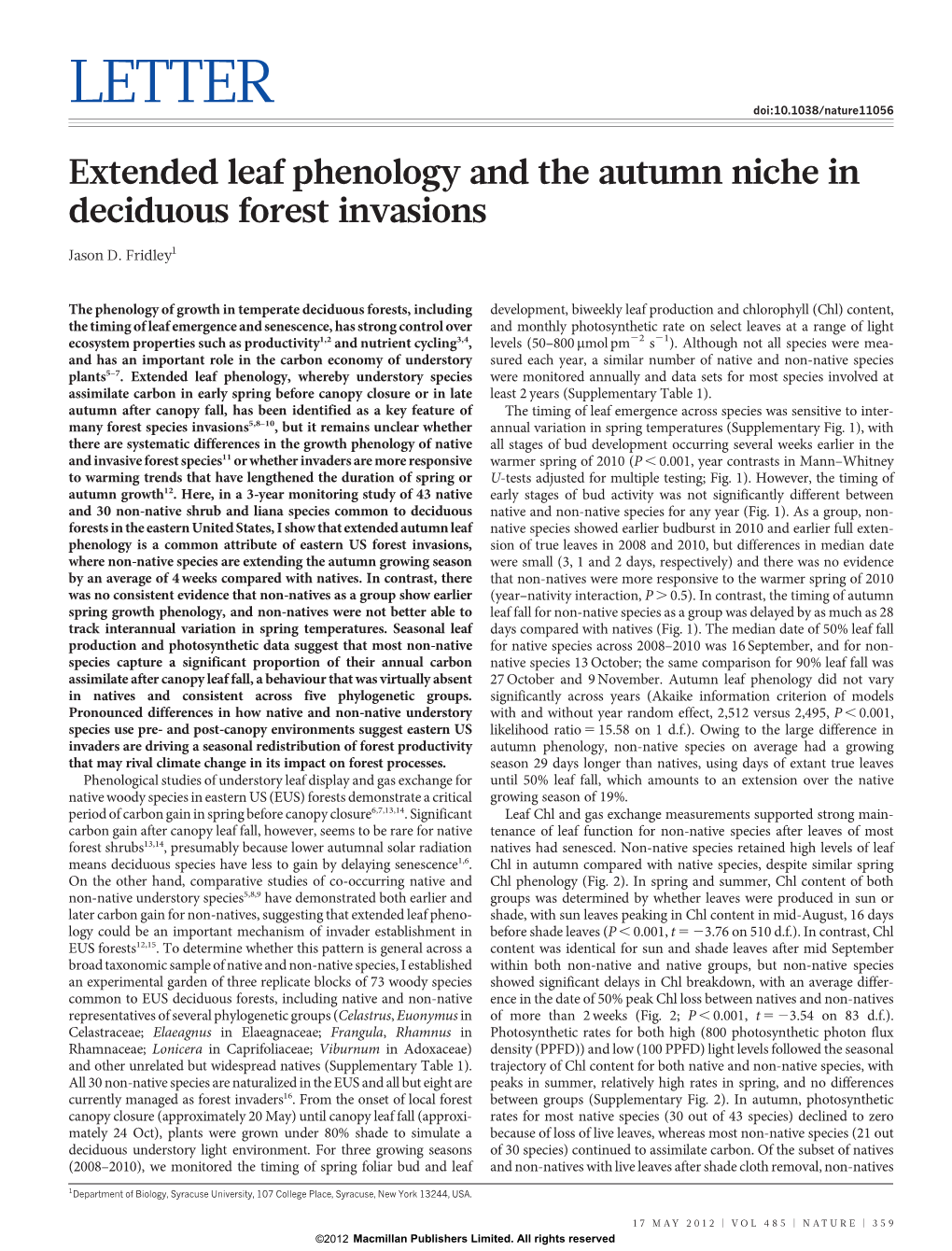 Extended Leaf Phenology and the Autumn Niche in Deciduous Forest Invasions