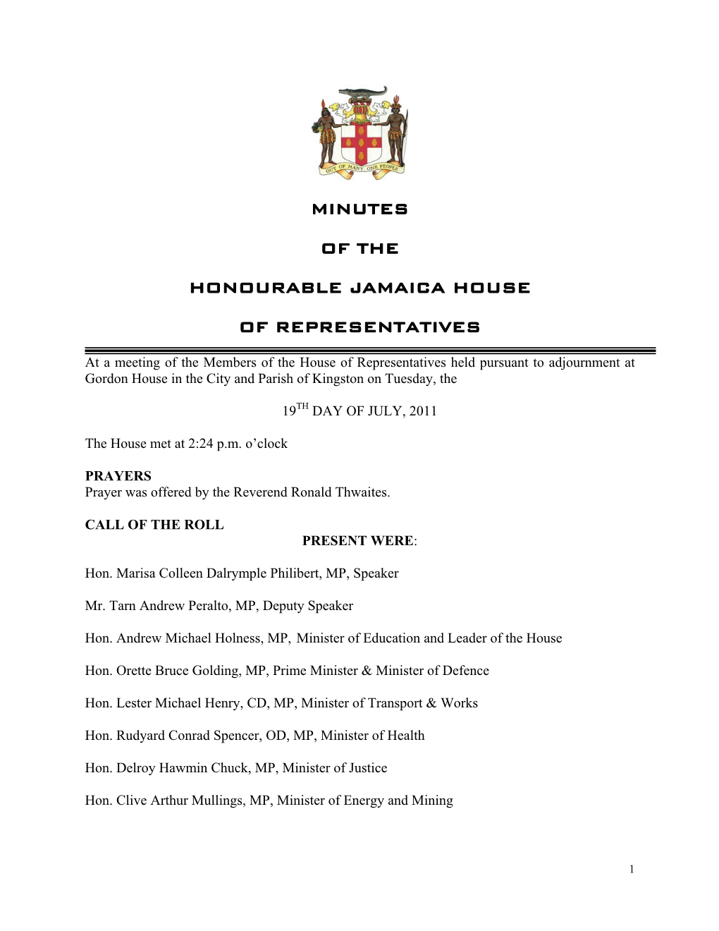 Minutes of the Honourable Jamaica House Of