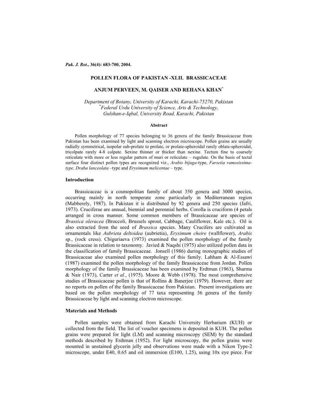 Pollen Flora of Pakistan -Xlii. Brassicaceae Anjum