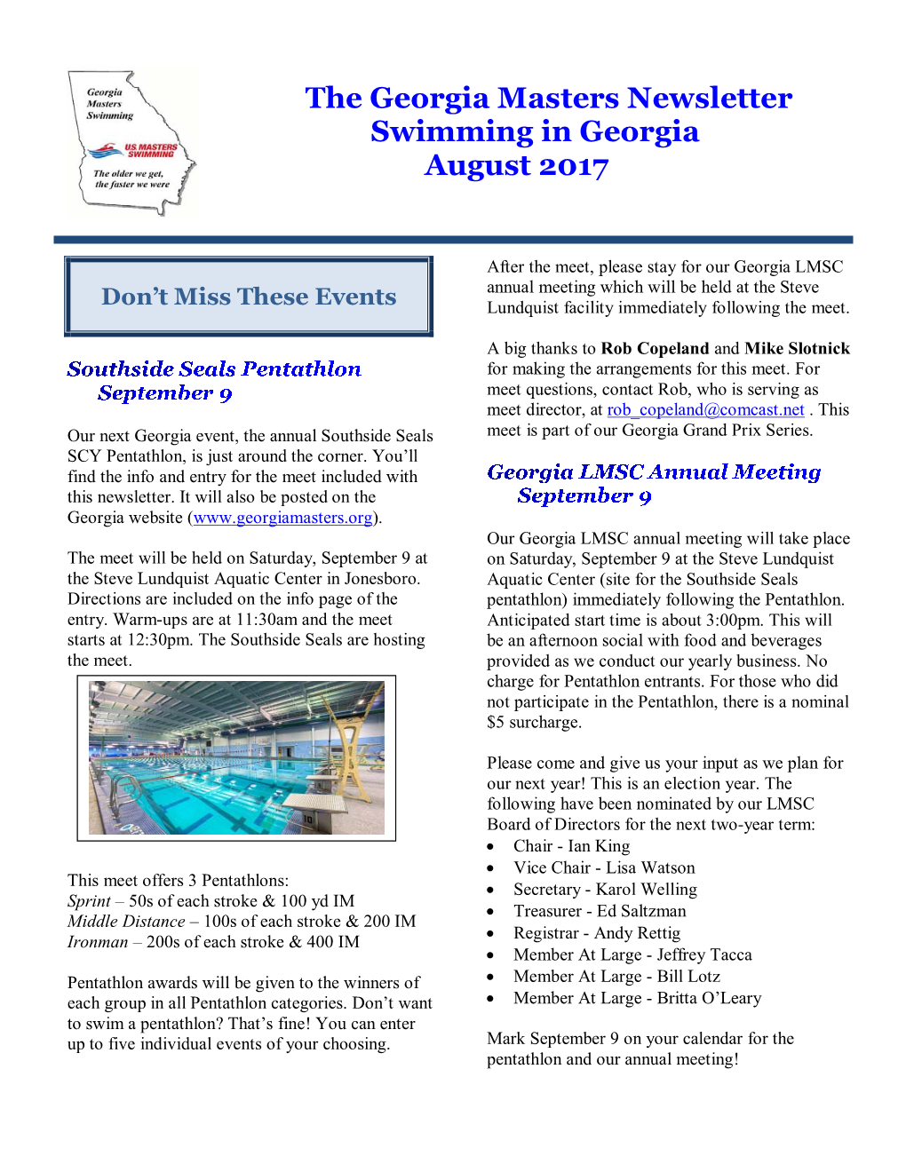 The Georgia Masters Newsletter Swimming in Georgia August 2017