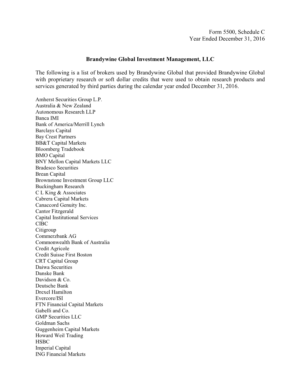 Form 5500, Schedule C Year Ended December 31, 2016 Brandywine