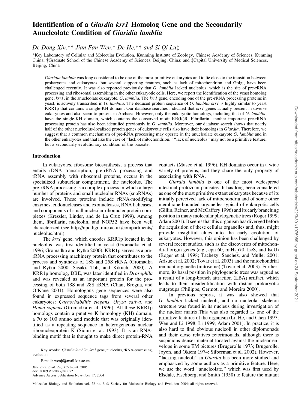 Identification of a Giardia Krr1 Homolog Gene and the Secondarily Anucleolate Condition of Giaridia Lamblia