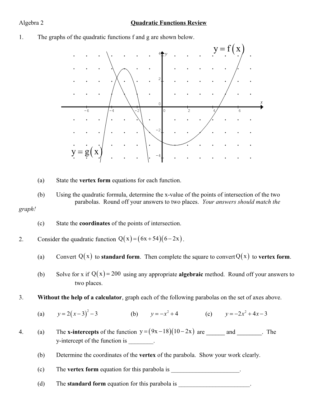 Algebra 2 Quadratic Functions Review