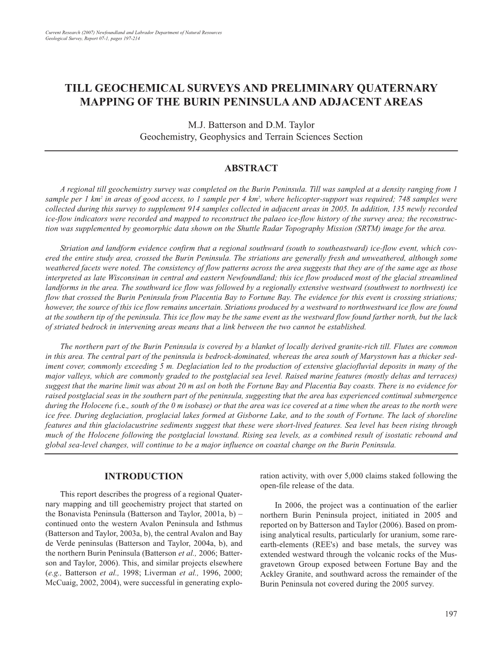 Till Geochemical Surveys and Preliminary Quaternary Mapping of the Burin Peninsula and Adjacent Areas