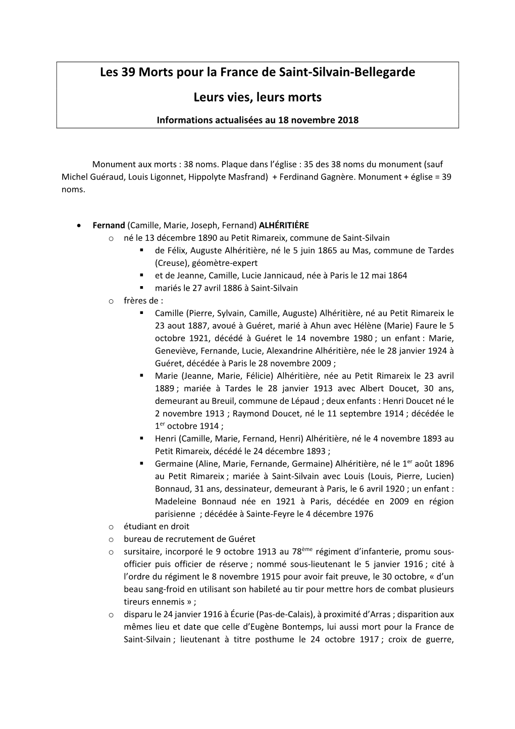 Les 39 Morts Pour La France De Saint-Silvain-Bellegarde Leurs Vies, Leurs Morts Informations Actualisées Au 18 Novembre 2018