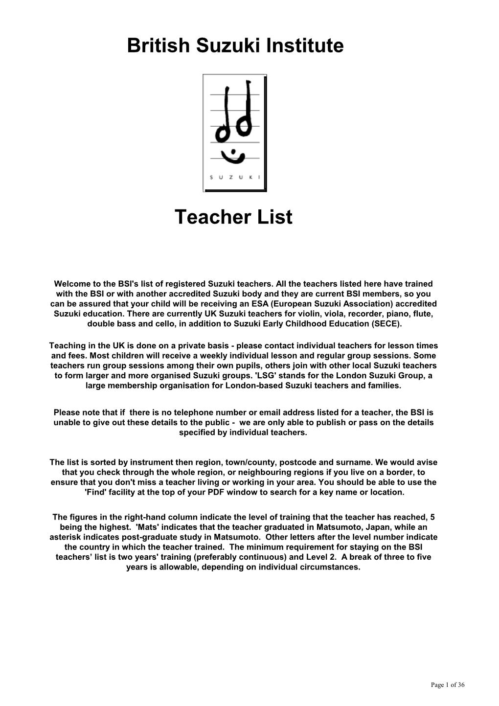 British Suzuki Institute Teacher List