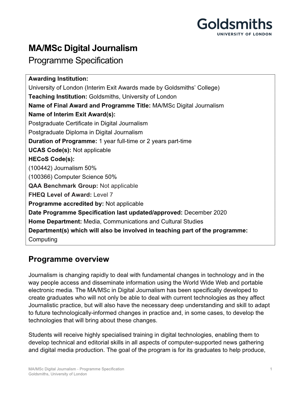 MA/Msc Digital Journalism Programme Specification