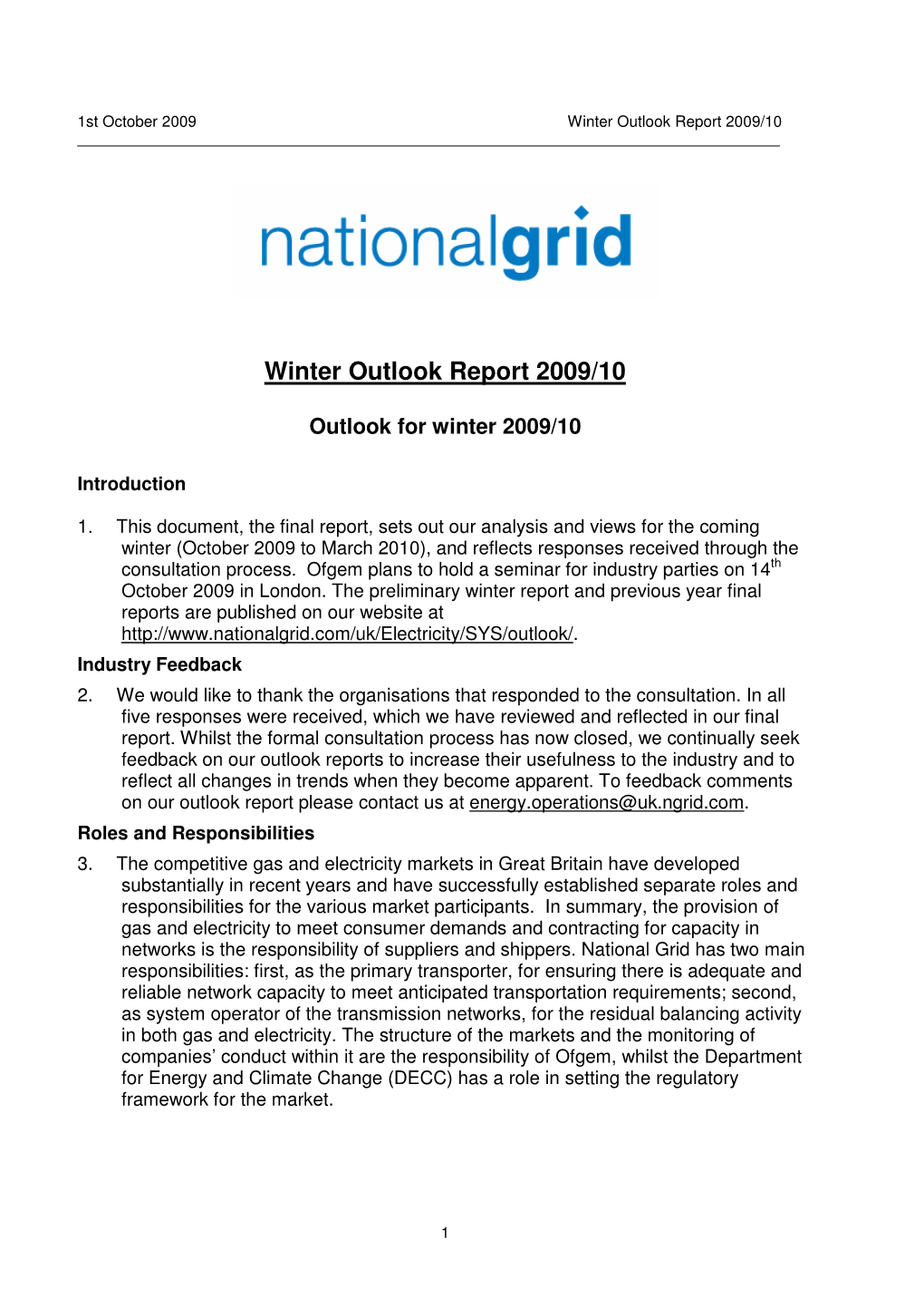 Winter Outlook Report 2009/10