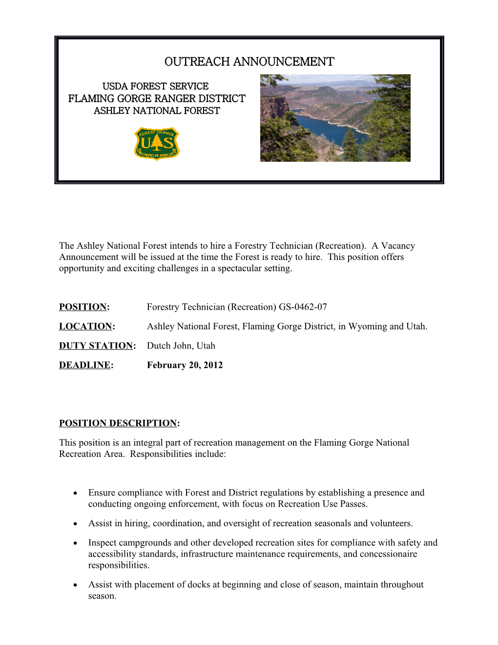 POSITION: Forestry Technician (Recreation) GS-0462-07