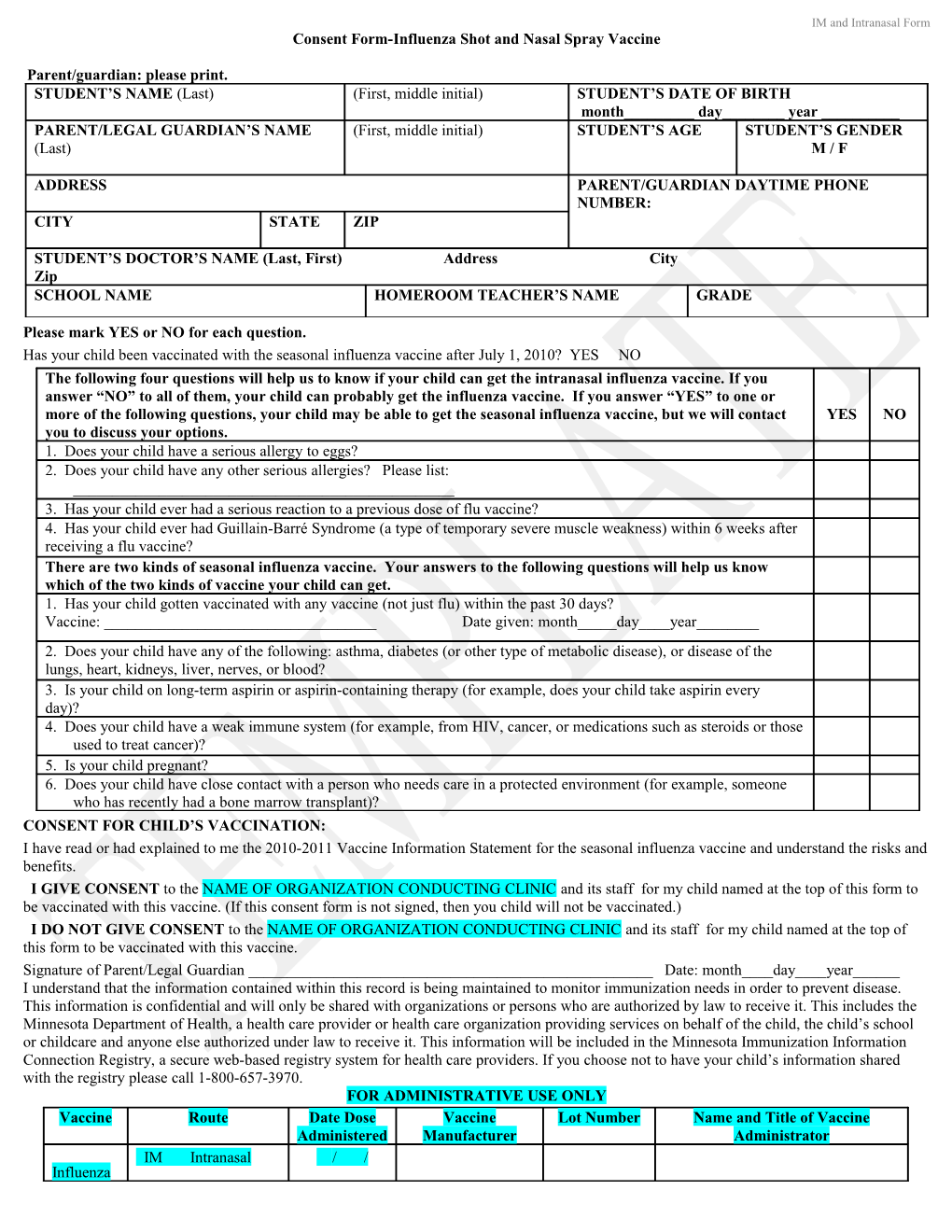 STUDENT 2009-2010 Pandemic H1N1 ( Swine Flu ) Vaccination Consent Form