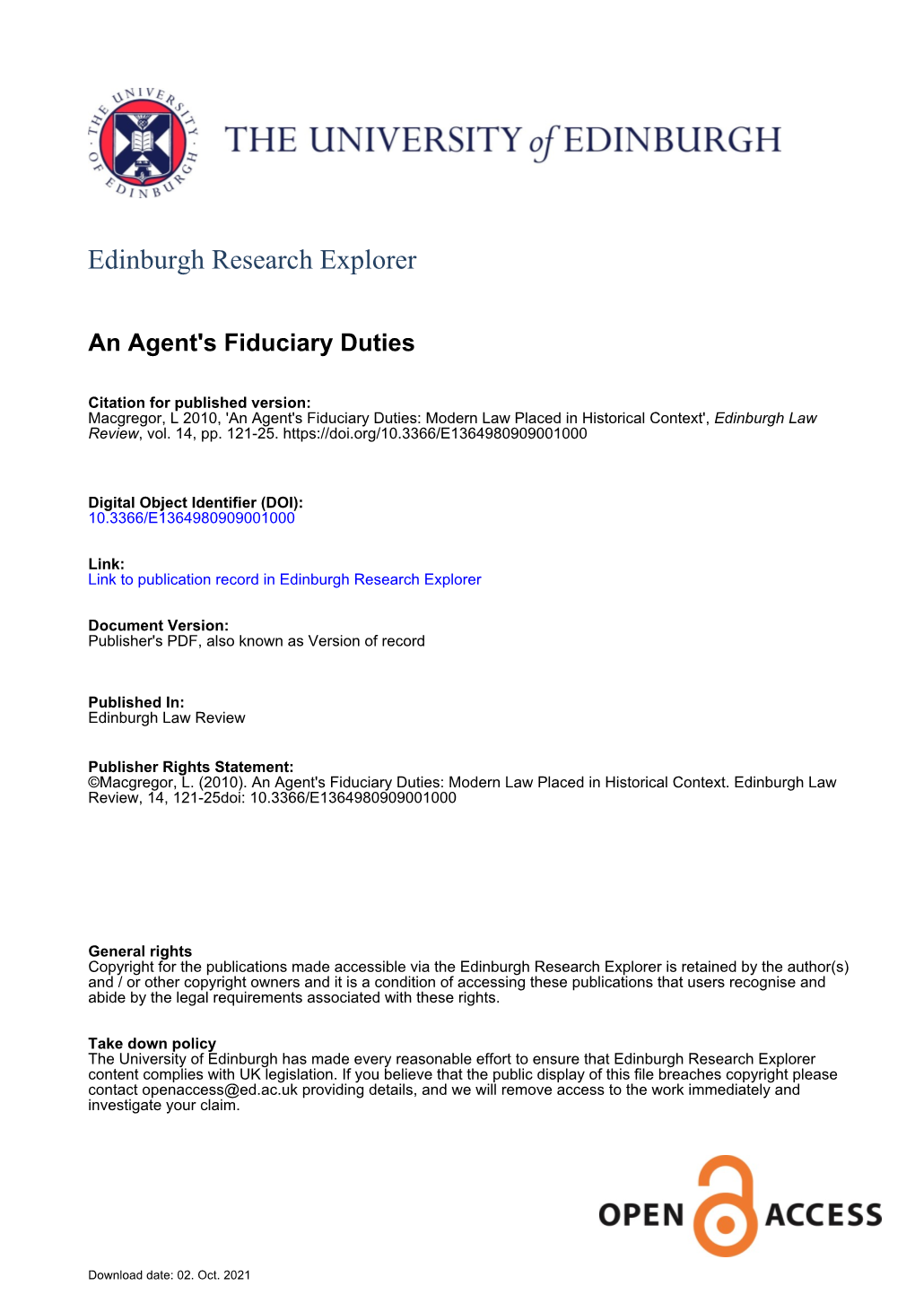 An Agent's Fiduciary Duties: Modern Law Placed in Historical Context', Edinburgh Law Review, Vol
