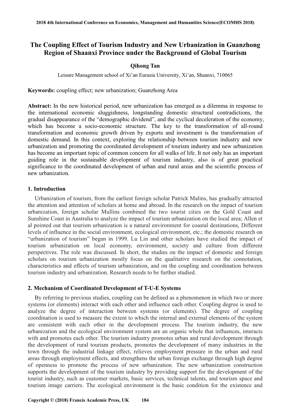 The Coupling Effect of Tourism Industry and New Urbanization in Guanzhong Region of Shaanxi Province Under the Background of Global Tourism