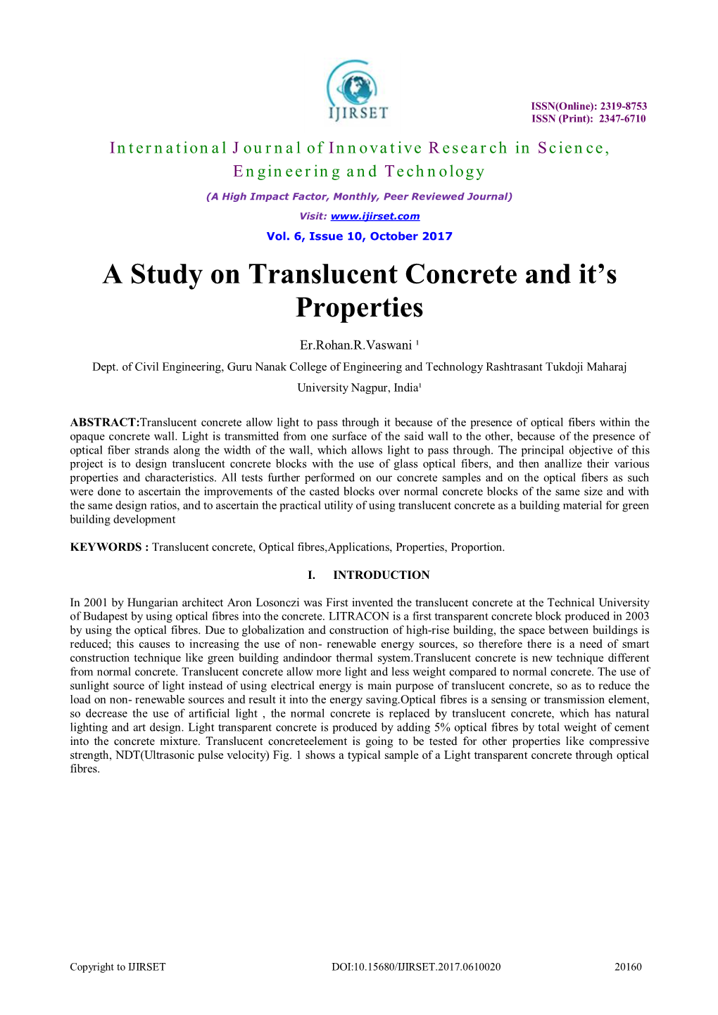 A Study on Translucent Concrete and It's Properties