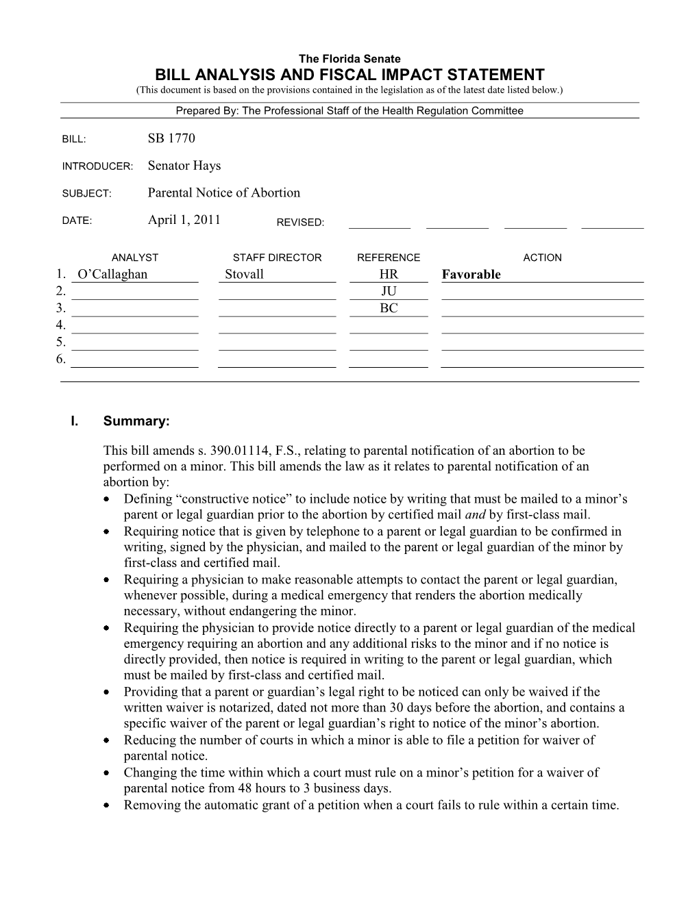 Bill Analysis and Fiscal Impact Statement