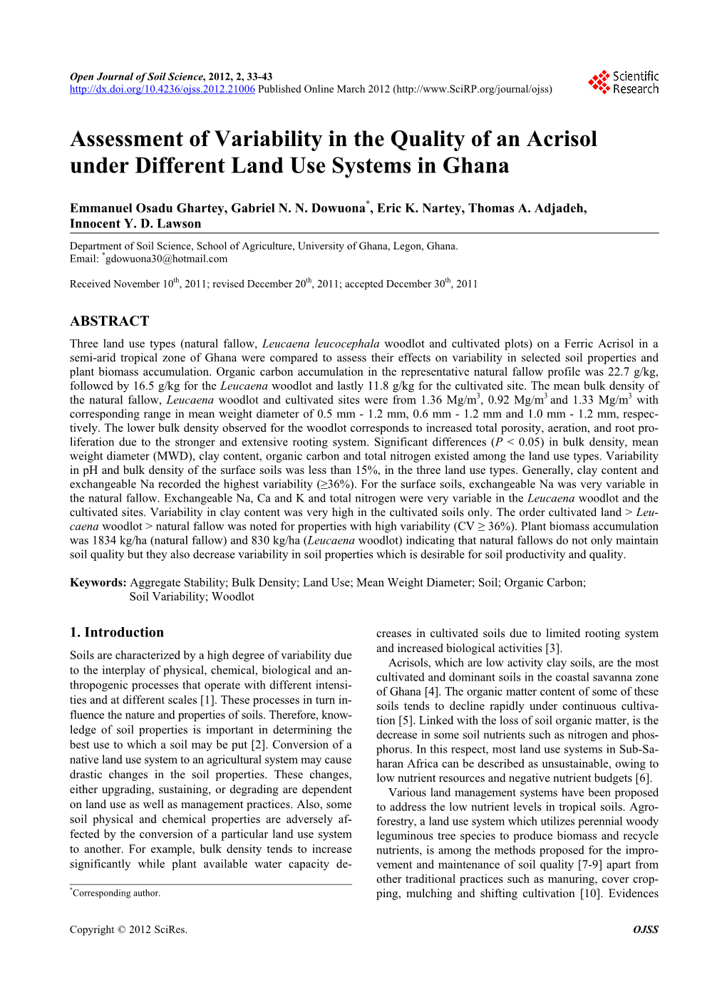 Assessment of Variability in the Quality of an Acrisol Under Different Land Use Systems in Ghana