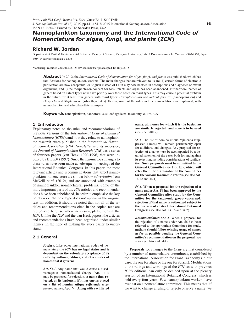 Nannoplankton Taxonomy and the International Code of Nomenclature for Algae, Fungi, and Plants (ICN)