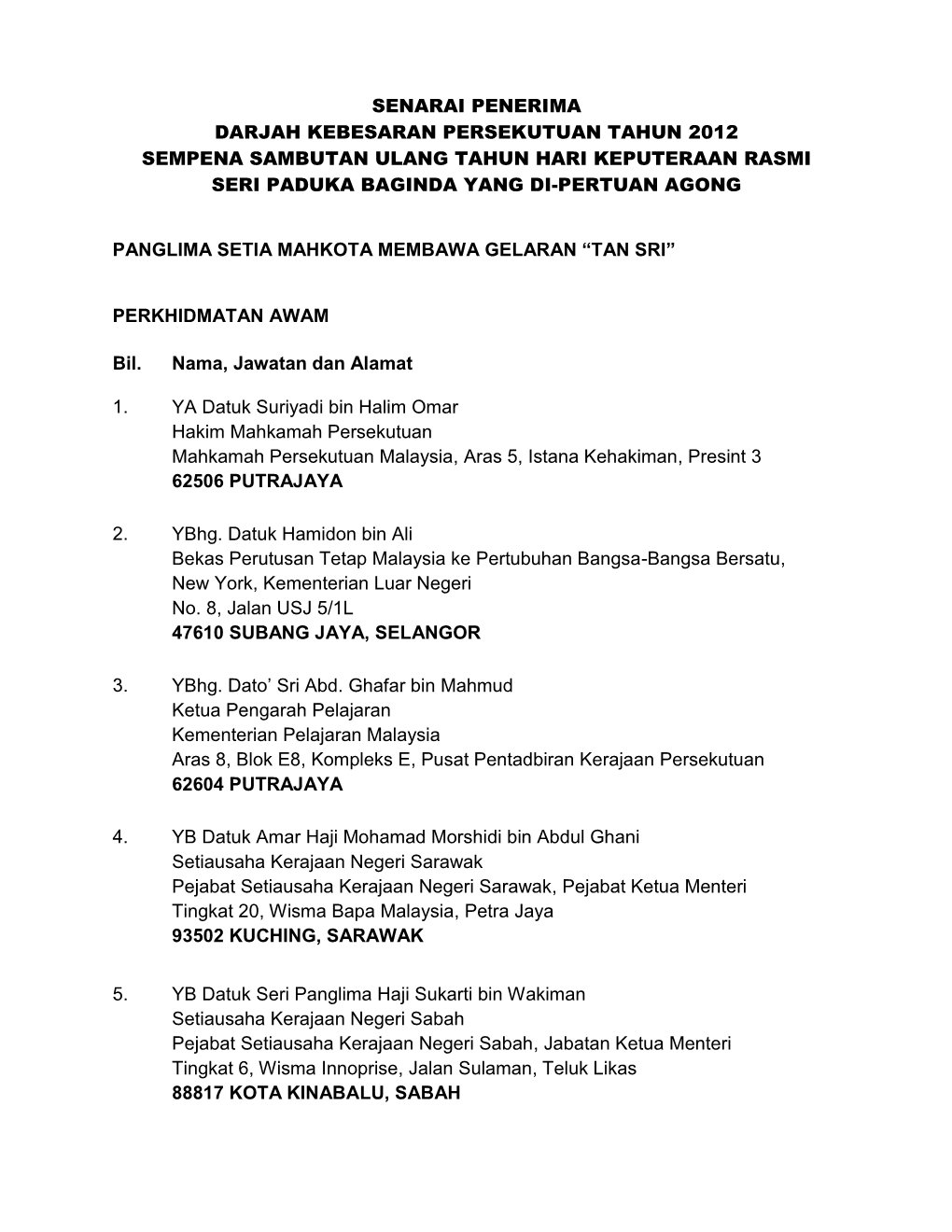 Senarai Penerima Darjah Kebesaran Persekutuan Tahun 2012 Sempena Sambutan Ulang Tahun Hari Keputeraan Rasmi Seri Paduka Baginda Yang Di-Pertuan Agong