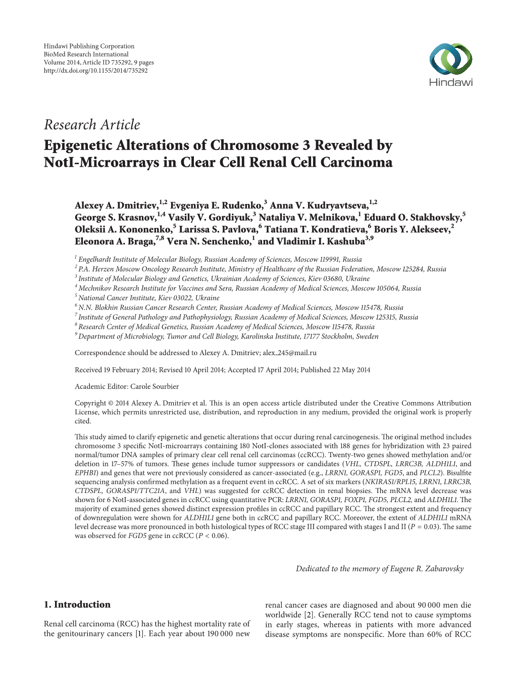 Epigenetic Alterations of Chromosome 3 Revealed by Noti-Microarrays in Clear Cell Renal Cell Carcinoma