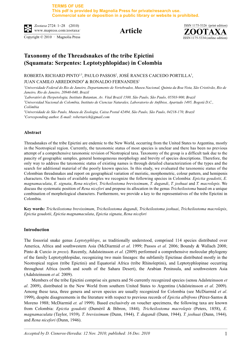 Taxonomy of the Threadsnakes of the Tribe Epictini (Squamata: Serpentes: Leptotyphlopidae) in Colombia