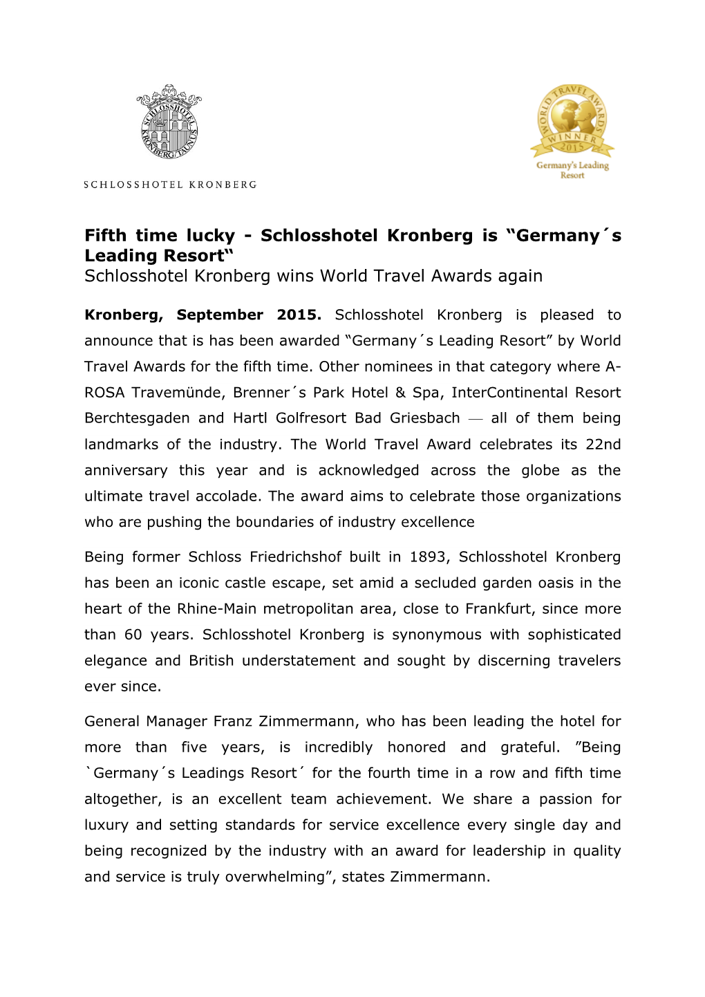 Fifth Time Lucky - Schlosshotel Kronberg Is “Germany´S Leading Resort“ Schlosshotel Kronberg Wins World Travel Awards Again