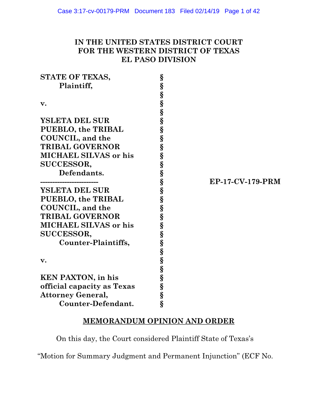 In the United States District Court for the Western District of Texas El Paso Division