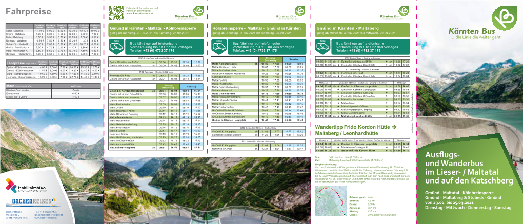 Fahrpreise Ausflugs- Und Wanderbus Im Lieser- / Maltatal Und Auf Den Katschberg